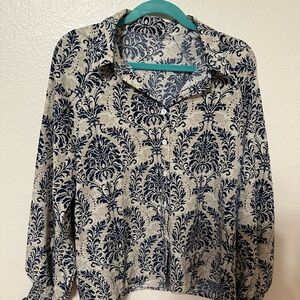 Elegant Navy and Cream Patterned Women's Top